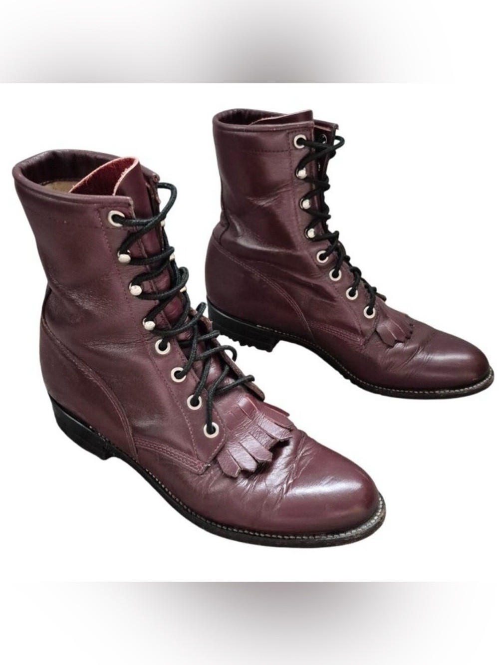 Justin Lace Up Cowboy Boots Size 7 B Womens Burgundy Leather Lace-Up Gypsy